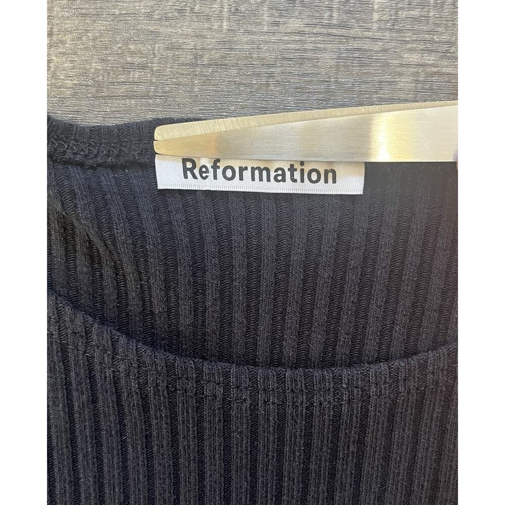 Reformation Organic Cotton Ribbed Knit Ruched Bodycon Black Mini Dress, Size M - Picture 3 of 9